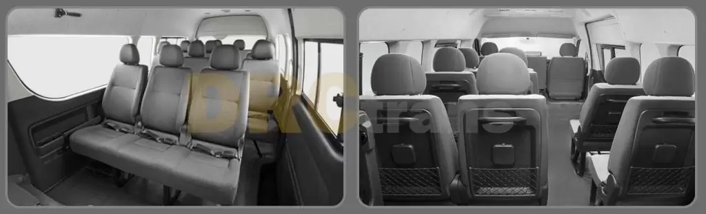 Cabin Penumpang Toyota HiAce Commuter tampak depan dan belakang